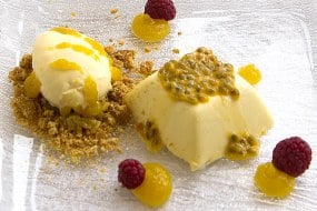 Passion fruit panna cotta, gingerbread crumb, mango gel