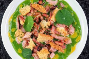 Pea, Puree, Fried Gammon, Brioche Crisps with Egg Yolk, Nasturtium and Apple Vinegar