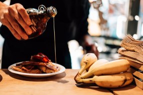 Pain perdu, crispy bacon and pickled plums