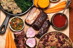 Pork Nose to Tail Platter | 12 hours smoked Pork Belly + Grilled Pork Fillet + Braised & Smoked Pork Cheeks + "Baiao de Dois" (Rice and Beans) + Guacamole + Sweet Potato + Salsa Criolla Vinaigrette + Collard Greens + Manioc Farofa + Baby Root Vegetables