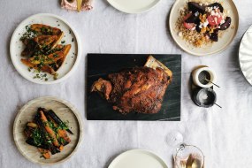 Harissa roast lamb. Beets, barley, Feta, walnuts, orange & honey dressing. Roasted pink firs, gremolata.