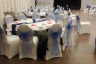 Table and chair covers with balloon decorations 