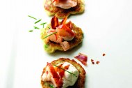 Pea blinis with lobster and pancetta