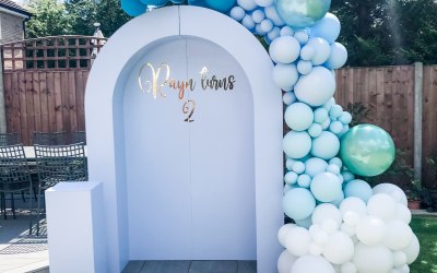 Baby boys birthday arch and balloons