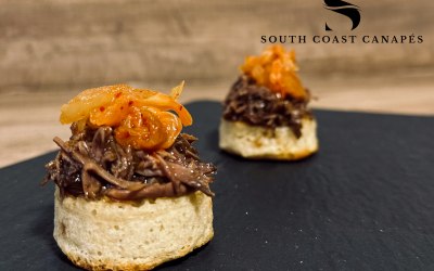 Asian spiced beef short rib with kinchi on a crumpet