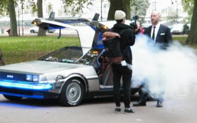 The BTTF Car Delorean Time Machine on set of the 8 Rocks charity fund raising film for Teenage Cancer Trust Gala Dinner in London 2014 