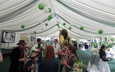 Entertainers in large corporate marquee