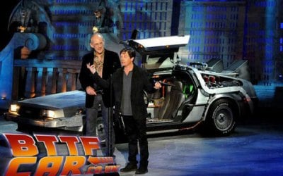 The BTTF Car Delorean Time Machine appearing on stage with Michael J Fox & Christopher Lloyd in Hollywood 2010