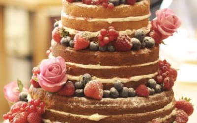 Rustic stacked sponge cake with fruit /floral decoration