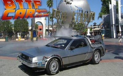 The BTTF Car Delorean Time Machine on display inside Universal Studios Hollywood Theme Park