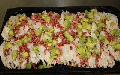 Chicken platter with blue cheese dressing, bacon and avocado