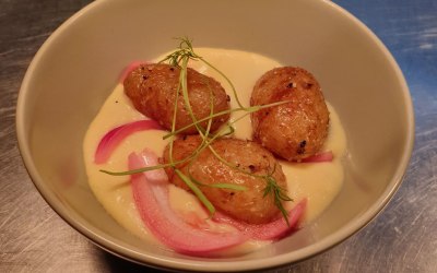 Jersey Royals with cheese custard and pickled onions