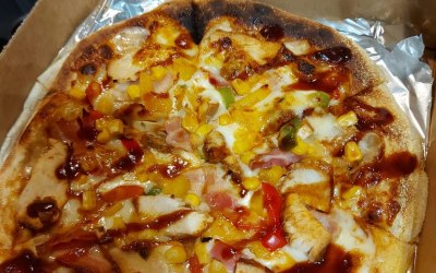 Cluck sake - BBQ chicken, peppers, sweet corn and onions