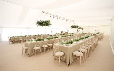 Wedding marquee, flat white linings, stright tables 