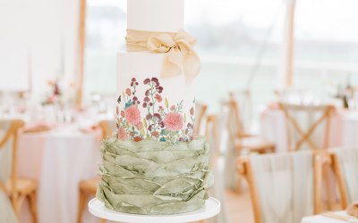 Spring flowers wedding cake with wafer paper ruffles.