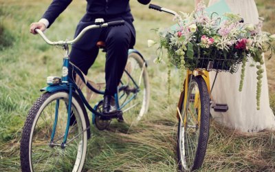 Rustic flowers in a bike basket