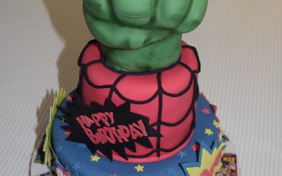 Tiered celebration cake with a marvel theme