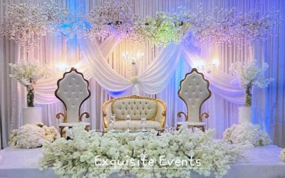 Stage decoration with florals,lights, floor covering 