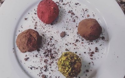 Quartet of Truffles- White Chocolate & Pistachio, Raspberry, Rose & White Chocolate, Orange & Cardamom Dark Chocolate, Dark chocolate & Chilli