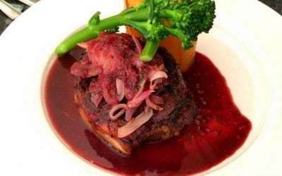 Lamb shoulder with cherry and mint sauce and potato fondant