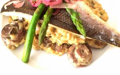 Seabass with mushroom and asparagus risotto