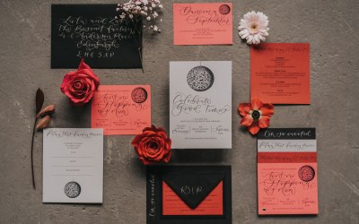 Disco themed wedding invitation suite with hot pink, red, grey and black