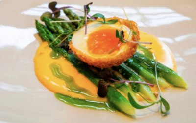 Grilled asparagus soft boiled egg 