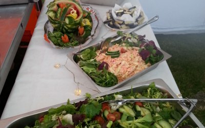fresh mixed salads, homemade coleslaw and apple sauce
