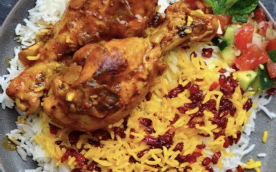 pistachio and barbarries rice with saffron chicken