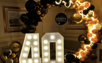 light up numbers and balloon arch