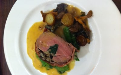 Fillet of veal stuffed with truffled mushrooms, spinach and wrapped in parma ham with a potato and mushroom sauté, truffle jus  