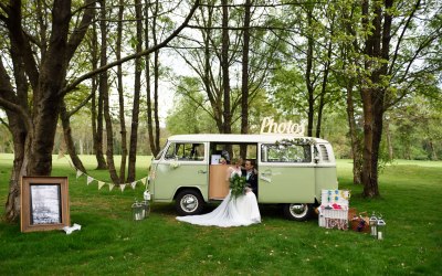 Campervan photobooth in pastel green and cream