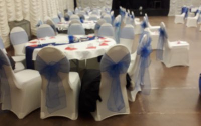 Table and chair covers with balloon decorations 