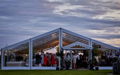Wedding marquee with clear roofs fitted with fairy light