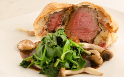 Beef Wellington with wild mushrooms and red wine jus