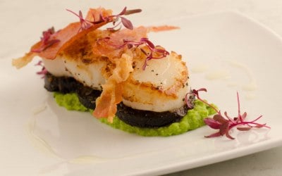 Classic pan fried scallops with black pudding, pea pure and crispy Prosciutto 