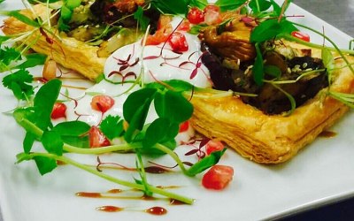 Smoked aubergine and fig vol-au-vent with lime and cardoman yogurt 