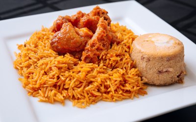 Jollof Rice, Moin Moin and Assorted Meat Stew