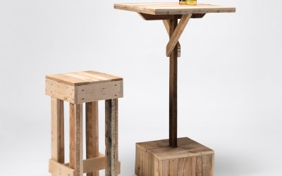 Our Poseur Tables are all made from pallet timber sourced locally in Dorset. All the pieces are assembled by hand to create its stylish appearance. The Poseur Table is in its element hired with two Bar Stools.  Overall height: 1.1m x Table Top Width & Length: 0.55m