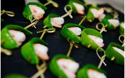 Prawns wrapped in Mange Tout Canape