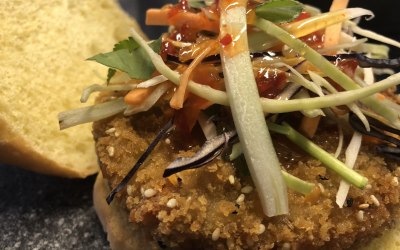 Thai flavoured veg burger with Asian slaw