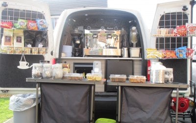 Demonstrating how The caddy Cafe looks when ready to serve at an event. Snacks can be changed for products for your event.