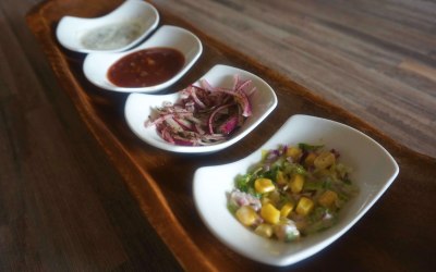A variety of homemade salads and chutneys. The perfect accompaniment to our spicy snacks 