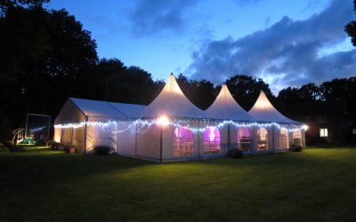 Pagoidas linked to frame marquee with halogen uplighting