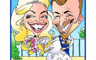 Full colour studio caricature of bride and groom from photos