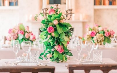 Romatic classic styling of the venue and chic floral arragements