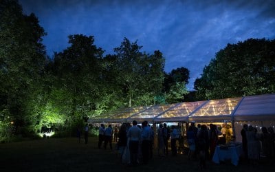 Clear Roof Marquee with fairy light canopy with external lighting