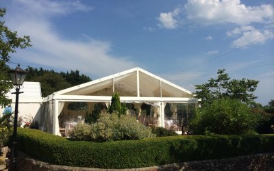 A 9m wide clearpsna marquee with a clear gable