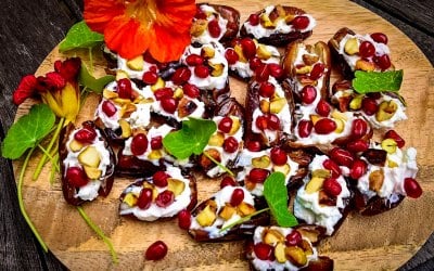 Dates with goats cheese, pistachio & pomegranate