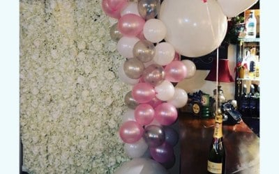 Flower Wall & Balloon Garland setup in small space - Available for hire